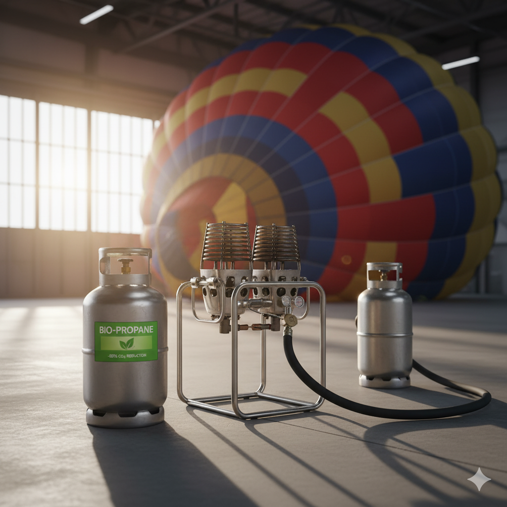 Duurzame Bio-Propaan tank met het label 'renewable' naast een heteluchtballonbrander