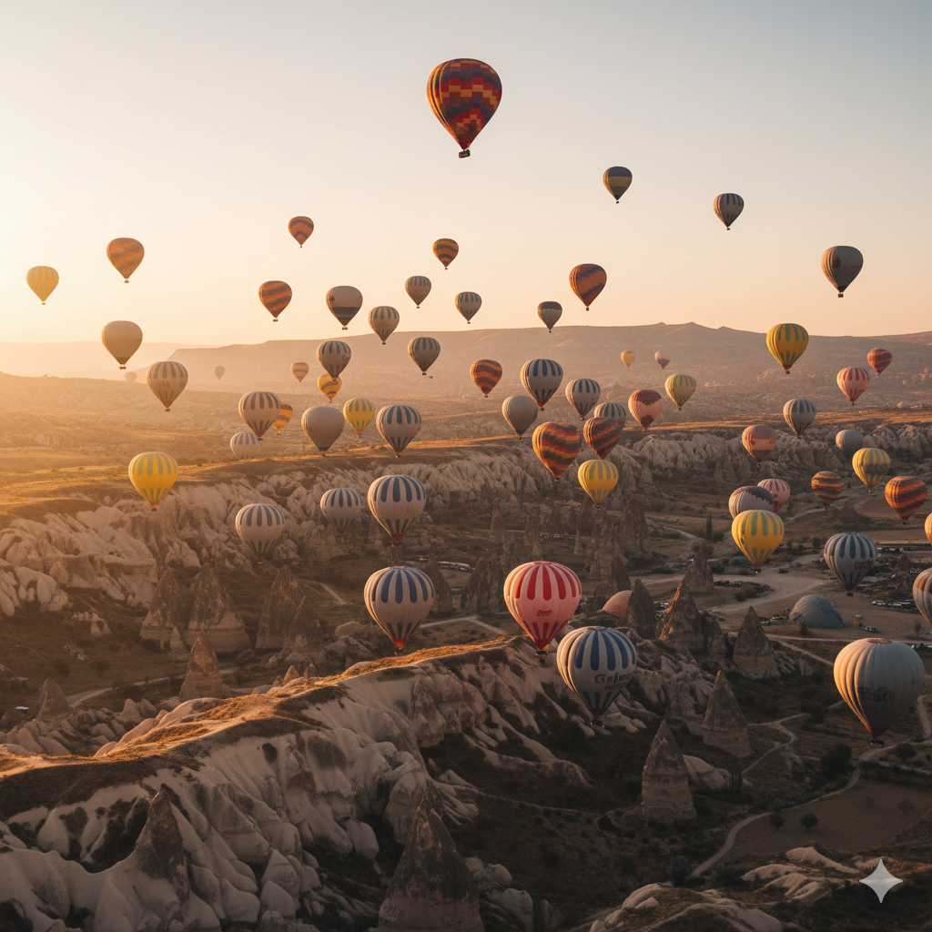 Honderden heteluchtballonnen die opstijgen bij zonsopgang boven de rotsformaties van Cappadocië, Turkije