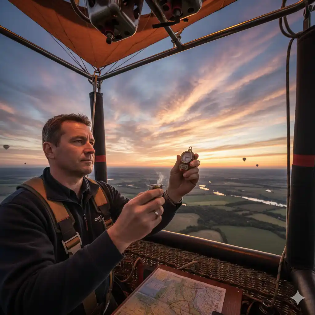 Piloot kijkt naar de windrichting in de luchtballon mand
